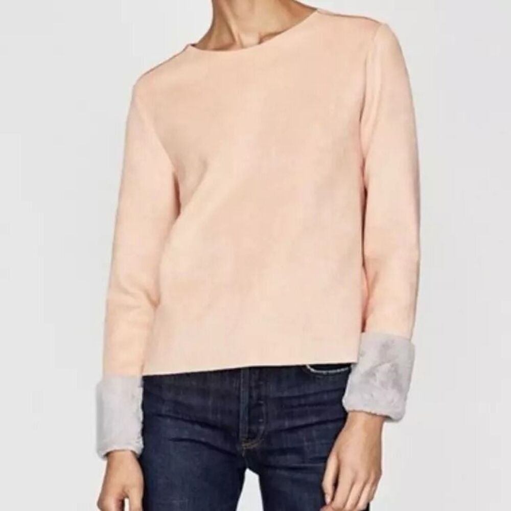 Zara Blush Pink Faux Suede Top with Grey Faux Fur Cuffs Size Medium